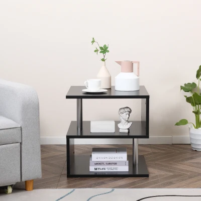 HOMCOM S-Shaped Coffee Table, Cube End Table with 2 Tier Storage Shelves for Living Room, Bedroom, Black