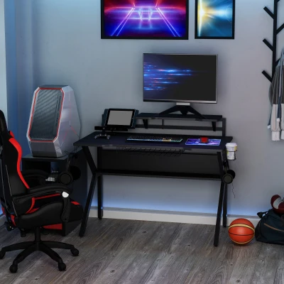 HOMCOM Black Gaming Desk, Metal Frame w/Cup Holder Headphone Hook & Cable Basket