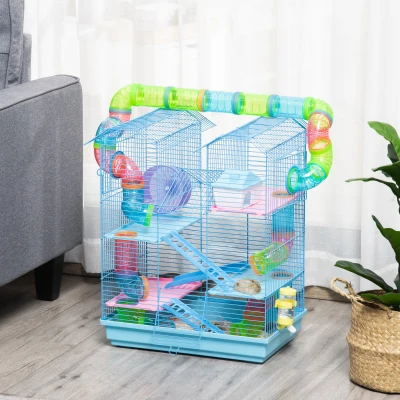 PawHut 5 Tier Hamster Cage Carrier Habitat with Exercise Wheels Tunnel Tube Water Bottle Dishes House Ladder for Dwarf Mice, Blue