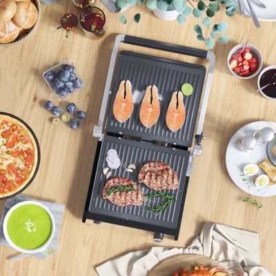 HOMCOM Health Grill & Panini Press, 4 Slice Toastie Machine, 2000W Electric Non-stick Grill with 180° Flat Open, Drip Tray and Adjustable Temperature, Sandwich Toaster Maker