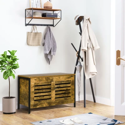 HOMCOM Industrial Storage Bench, Lift Top Storage Chest, Shoe Bench, Toy Box Organizer with Lid & Louvred Cabinet, for Bedroom, Entryway, Living Room, Rustic Brown