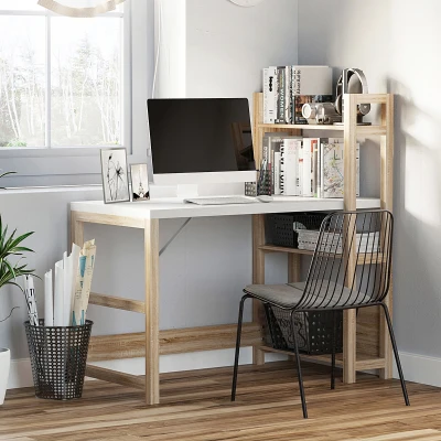 HOMCOM Particle Board 3-Tier Shelves Study Desk White/Oak