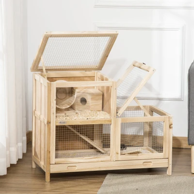 PawHut Wooden Hamster Cage, Mice Rodent Small Animals Kit Hutch, 2 Tiers Exercise Play House, with Sliding Tray, Ladder, Seesaw, Running Wheel, Openable Roofs, 78 x 41.5 x 60 cm, Natural