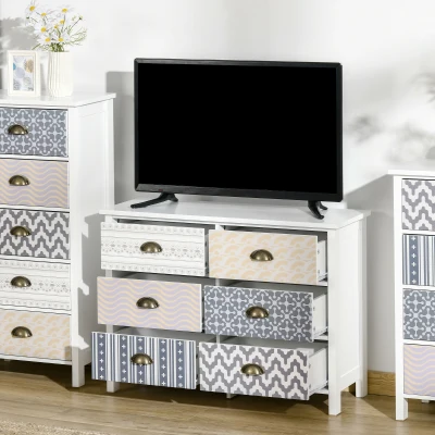 HOMCOM Chest of Drawers, 6 Drawer Dresser w/ Antique Metal Handles and Multi-Coloured Patterns, Storage Drawer Unit for Bedroom