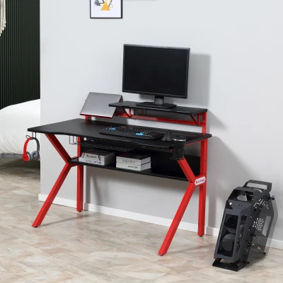 HOMCOM 136 x 66cm Gaming Desk with K Shape Legs, Computer Table with Monitor Stand, Cup Holder, Headphone Hook and Wire Basket, Red