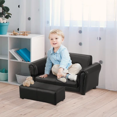 HOMCOM 2 Seater Toddler Chair Kids Twin Sofa Childrens Double Seat Chair Furniture Armchair Boys Girls Couch w/ Footstool (Black)