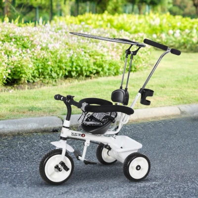 HOMCOM 4 in 1 Tricycle for Kids Toddler Trike with Parent Handle Adjustable Handle Canopy