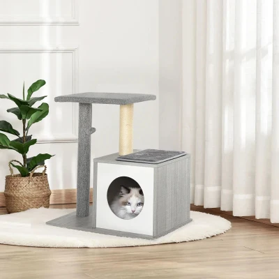 PawHut Arranhador para Gatos 59x39x62 cm de 3 Níveis com Poste de Arranhar Caverna Almofadas Amovíveis e Bolsa de Brinquedo Cinza