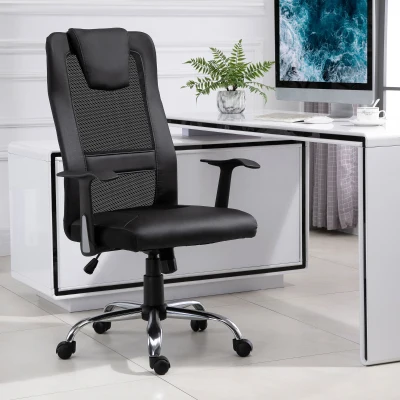 HOMCOM Chaise Bureau Pivotante Ergonomique Noir PU Maille