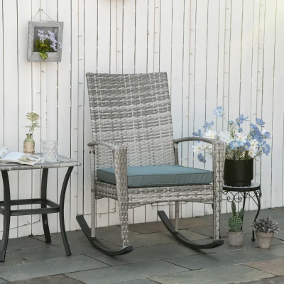 Outsunny schommelstoel, tuinstoel, poly rotan met grijze kussens