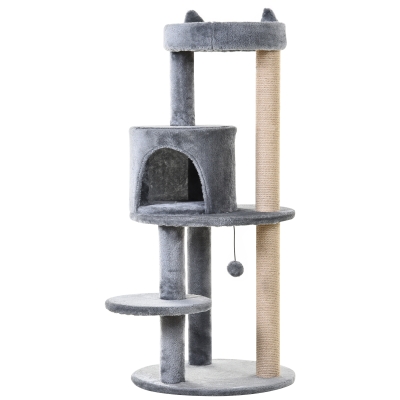 PawHut krabpaal kattengrot kattenhuis 4 verdiepingen met speelballen zitstok, sisalzuil en krabplank, groot, stevig, luxe, sisal pluche grijs 48 x 48 x 104 cm