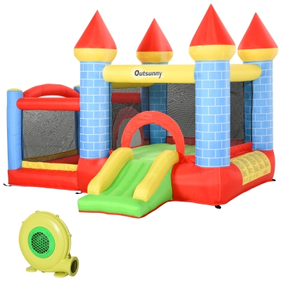 Outsunny Aufblasbare Hüpfburg mit Rutsche Pool für 3 Kinder Burg Springburg mit Gebläse Spielburg Spielhaus für 3-8 Jahre Oxford-, Polyester-Gewebe Rot+Blau+Grün 280 x 260 x 210 cm