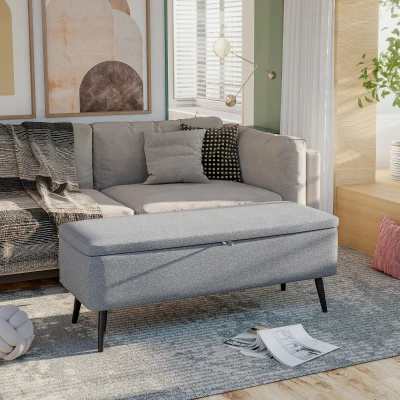 HOMCOM Banco de Armazenamento Estofado em Linho com Tampa Abatível e Pés de Aço Carga Máxima 150kg 101x38,5x44,5 cm Cinza