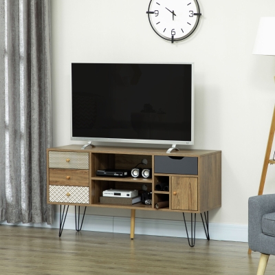 HOMCOM Móvel de TV com Prateleira de Armazenamento 4 Gavetas e Pés de Metal para Televisores de até 50 Polegadas 120x39x64cm Marrom