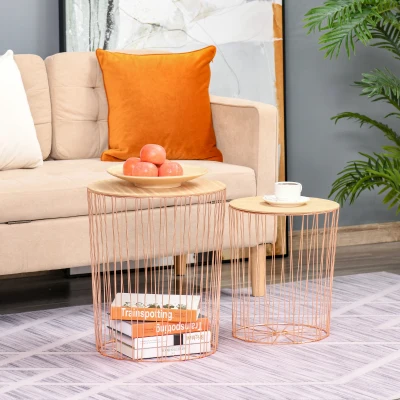 HOMCOM Metal Base MDF Top Duo-Pack Lift-Top Bedside Table Rose Gold