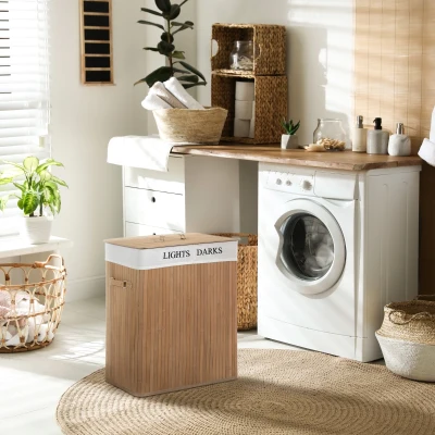 HOMCOM 100L Bamboo Lidded Laundry Compartment Hamper Basket Bamboo colour