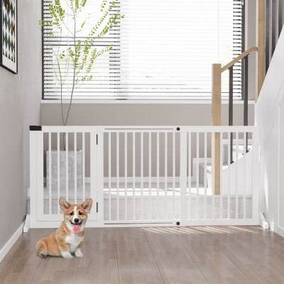 PawHut Barreira de Segurança Extensível 3 Peças com Estrutura de Madeira e Suporte de Pé 113-166x36x71cm Branco