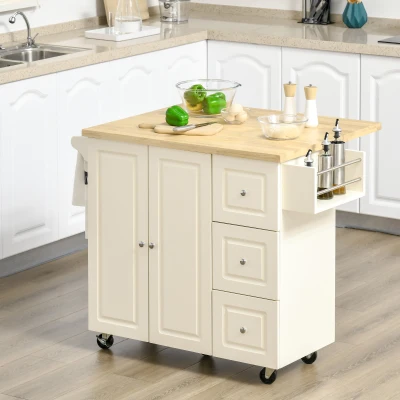 HOMCOM Desserte Cuisine Blanc 3 Tiroirs Plateau Rabattable