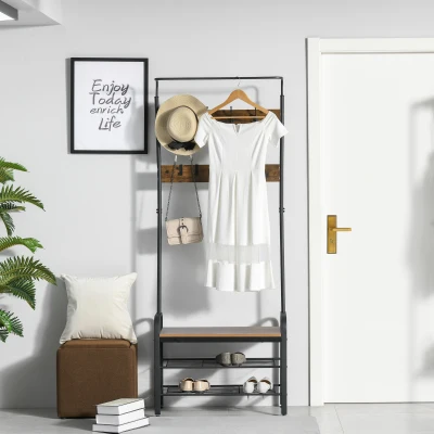 HOMCOM Móvel Cabide de Entrada com 8 Ganchos e Sapateira Armário de Entrada com Cabides 72x34x185cm Marrom e Preto