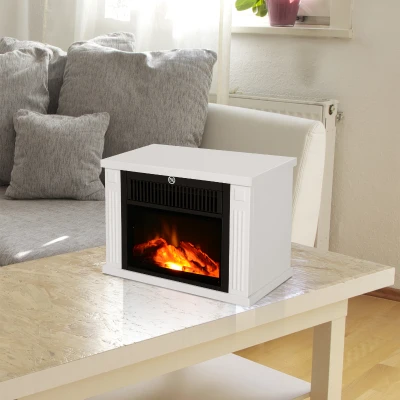 HOMCOM Lareira Elétrica Portátil com Termostato Ajustável 600W/1200W e Efeito de Chama Realista 34x17x25cm Branco