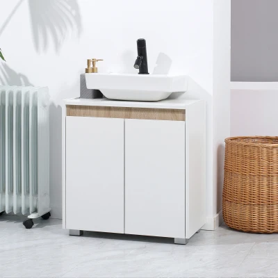kleankin Móvel para Lavatório Pousar Armário Casa de Banho com 2 Portas e Armazenamento Interior 57x33x60cm Branco e Madeira