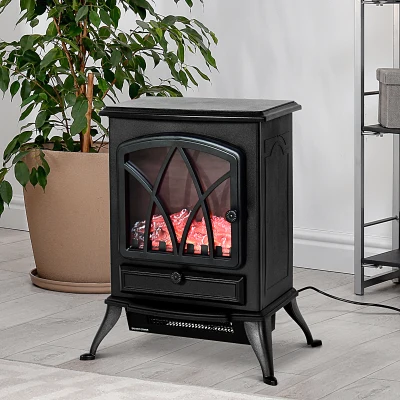 HOMCOM Lareira Elétrica Portátil Lareira Elétrica com Efeito de Chama Realista Potência 1000W/2000W 45x28,5x54cm Preto
