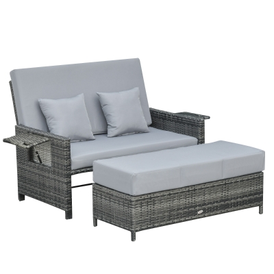 Outsunny Polyrattan Lounge-Sofa Gartensofa Gartenliege 2-Sitzer mit Kissen Hocker Grau