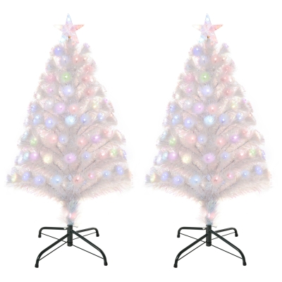 HOMCM Set de 2 brazi de Craciun artificiali cu 90 de lumini LED colorate, fibre optice, 90 de ramuri si baza metalica pliabila, Φ50x90 cm, alb