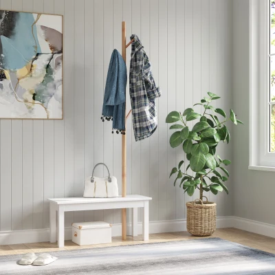 HOMCOM Banc porte-manteaux 2 en 1 design contemporain cosy dim. 80L x 30l x 180H cm MDF blanc bois massif bambou