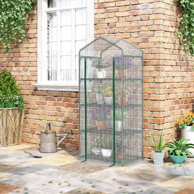 Outsunny 4 Tier Mini Greenhouse, Portable Small Green House with Roll-up Door, PE Cover, 70 x 50 x 160 cm, White