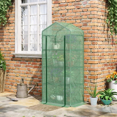 Outsunny 4 Tier Mini Greenhouse, Portable Small Green House with Roll-up Door, PE Cover, 70 x 50 x 160 cm, Green