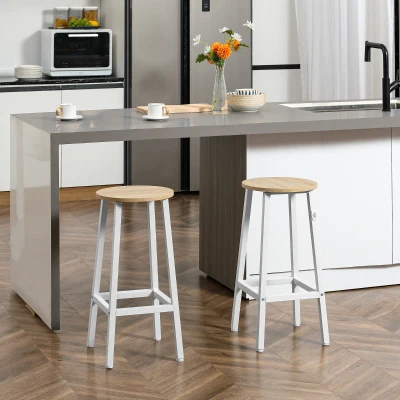 HOMCOM Conjunto de 2 Bancos Altos de Cozinha Bancos de Bar com Pés de Aço e Apoio para os Pés 32,5x32,5x65cm Madeira e Branco