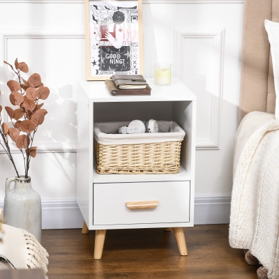 HOMCOM Mesa de Cabeceira Mesa Auxiliar Moderna com 1 Gaveta e Compartimento de Armazenamento 40x40x62cm Branco e Madeira