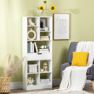HOMCOM Estante de Madeira Estante para Livros com 1 Gaveta e 9 Compartimentos de Armazenamento 60x26x158cm Branco