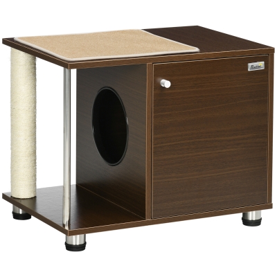 PawHut Móvel Caixa de Areia para Gatos com Almofada Porta Magnética Poste de Arranhar Tapete Lateral de Sisal 60x40x48cm Nogueira