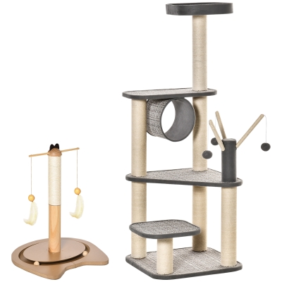 PawHut Set ansamblu pentru pisici mici cu jocuri si copac cu mai multe niveluri, cu cusca si platforme pentru pisici de pana la 5 kg