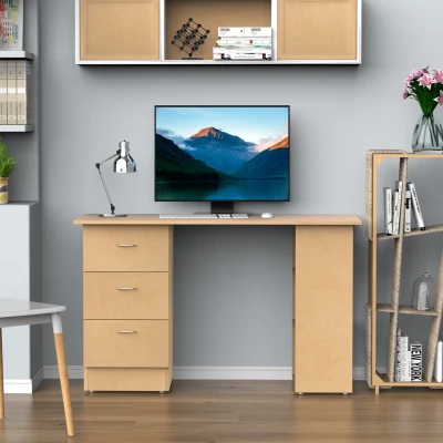 Homcom Birou modern cu 3 Sertare si Rafturi in Lemn Natural 120x49x72cm