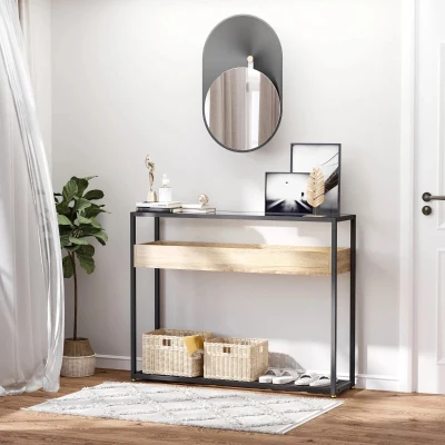 HOMCOM Mesa Consola 108x28x85cm Mesa de Entrada com Bancada de Vidro Temperado Prateleira e Grade Inferior Estrutura de Aço para Corredor Sala de Estar Preto