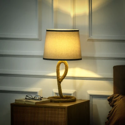 HOMCOM Nautical Table Lamp with Rope Base for E27 LED Halogen Bulb, Desk Fabric Light, for Bedroom, Living room, Study Room, Light Grey