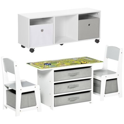 HOMCOM Set Tavolo e 2 Sedie per Bimbi con Mobile Portagiochi in MDF e Cassetti in TNT, Bianco e Grigio