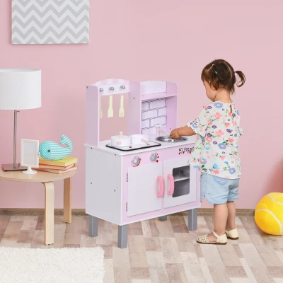 HOMCOM Kids Pretend Kitchen Playset w/ Cooking Toy Accessories - Pink