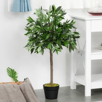 Outsunny Set Of 2 90cm/3FT Artificial Bay Laurel Topiary Trees w/ Pot Fake Indoor Outdoor Greenery Plant Home Office Garden Decor Green