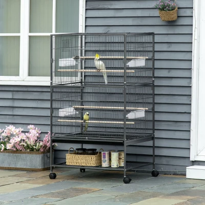 PawHut Large Bird Cage with Rolling Stand Dark Grey