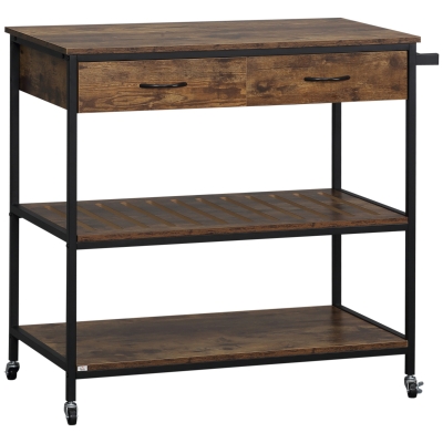 HOMCOM Küchenwagen im Industriedesign, 2 Schubladen, 2 Regale, 4 Rollen, 100 cm x 50 cm x 93 cm, Braun + Schwarz