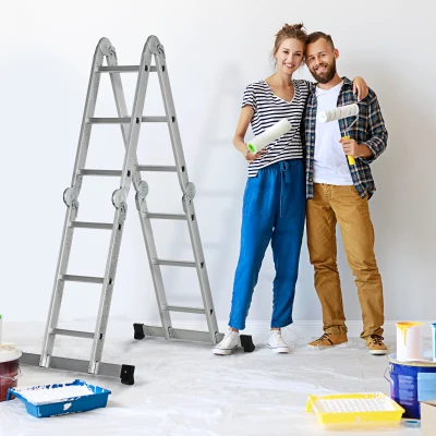 DURHAND Multifunctional 5-in-1 Telescoping Ladder with Safety Platforms, Alloy Aluminium 3.4M Multi Purpose 4-Fold Collapsible Ladder with 12 Steps, 150 kg Weight Capacity