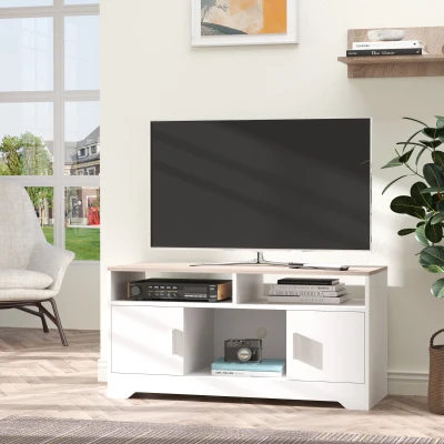 HOMCOM Móvel de TV para Sala de Estar com Espaço de Arrumação Prateleiras Abertas Orifício Passa Cabos 105x40x52 cm Branco e Madeira