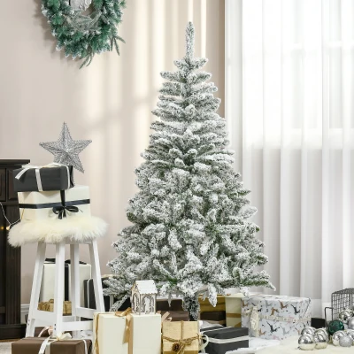 HOMCOM 5 Ft Snow Flocked Artificial Christmas Tree Xmas Pine Tree with Realistic Branches, Auto Open and Steel Base, Green