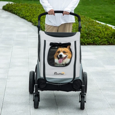 PawHut Carrinho para Animais de Estimação Dobrável com 5 Janelas Transpiráveis 2 Portas Bolso de Armazenamento Cinto de Segurança e Freios Tecido Oxford 107x67x102cm Cinza
