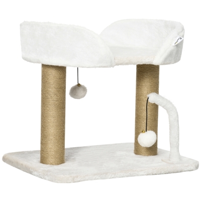 PawHut Arbre à chat grattoir design avec jeu 2 pompons suspendus 2 poteaux sisal plateforme peluche sisal 48 x 38 x 42 cm beige