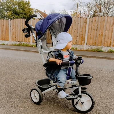 HOMCOM 4 in 1 Tricycle for Kids Toddler Folding Trike with Parent Handle Reversible Seat Adjustable Handle Removable Canopy Safety Belt Blue